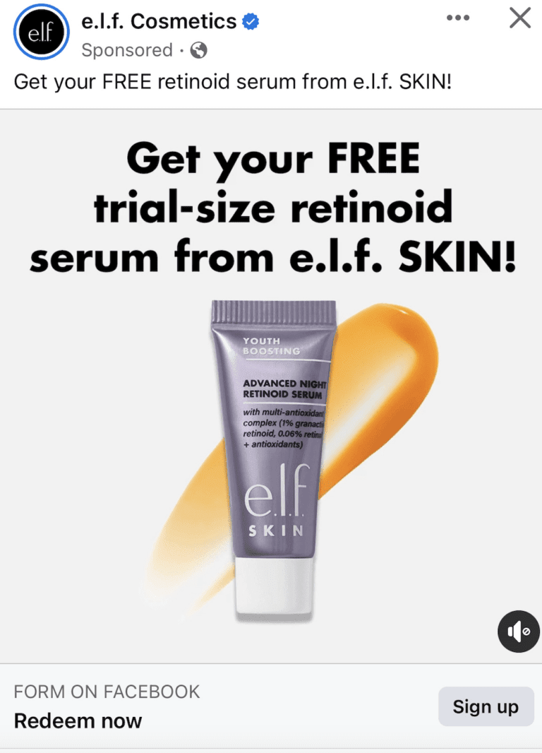 e.l.f Cosmetics Facebook Ad for Free Retinoid Serum