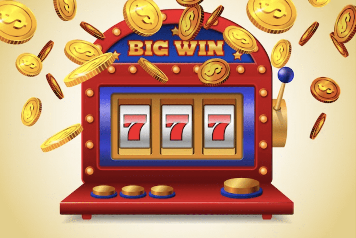 A game slot machine with gold coins falling from it, offering players the chance to score a big win.