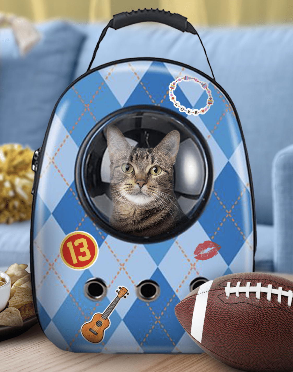 A cat is sitting in a blue backpack with footballs on it, demonstrating an Auto Draft purchase.