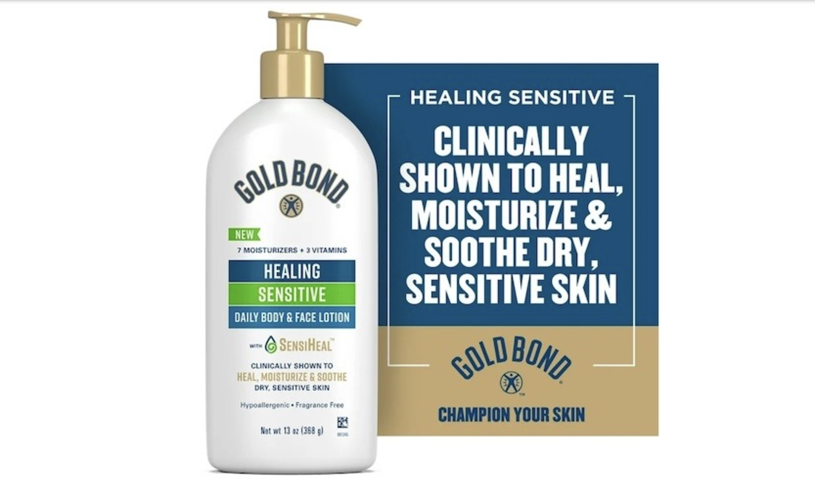 Gold Bond Healing Sensitive Skin Lotion sample tube on a clean, minimal background with text reading 'Free Sample Available Now.