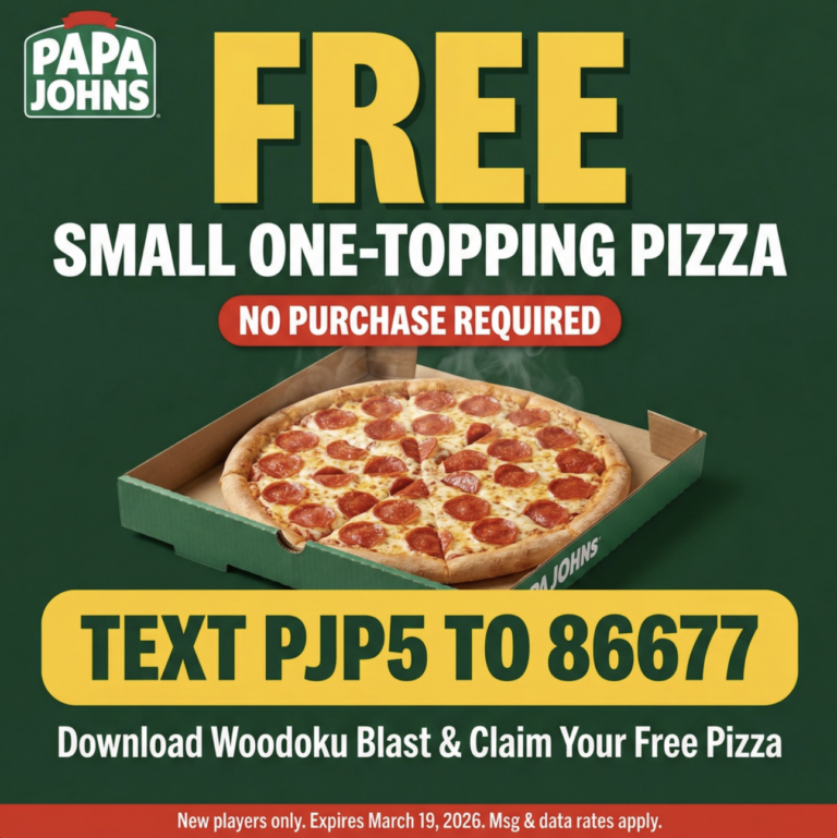 Papa Johns: FREE Small One-Topping Pizza — Download Woodoku Blast & Text PJP5 to 86677