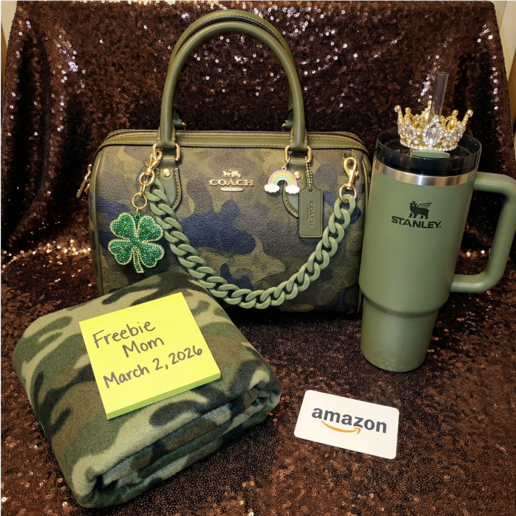 Giveaway prizes — Coach Bag, Stanley Cup, Amazon Gift Card, Cozy Blanket