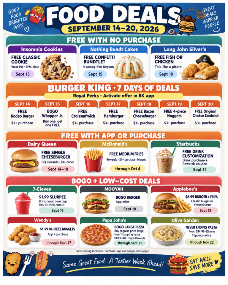Free Food Deals This Week: Burgers, Cookies & More (Sept. 14–20, 2026)