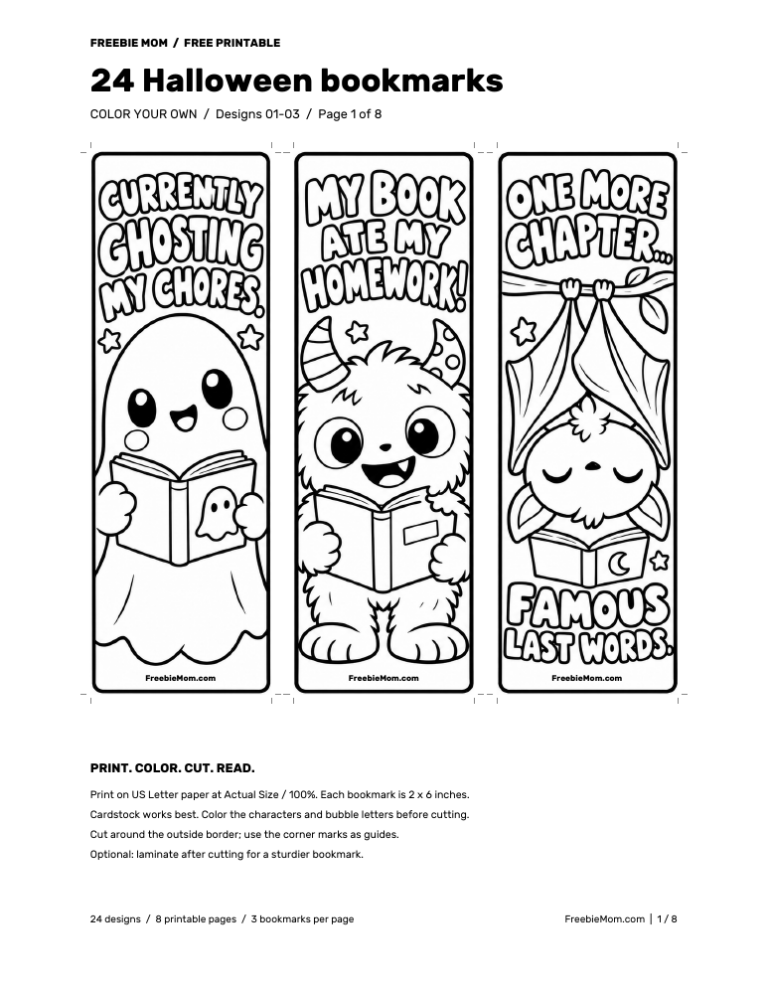 24 Free Printable Halloween Bookmarks to Color (PDF)