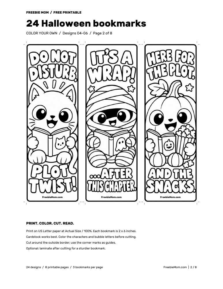 Printable Halloween bookmarks to color with a cat, mummy and pumpkin on page 2 of the Freebie Mom PDF