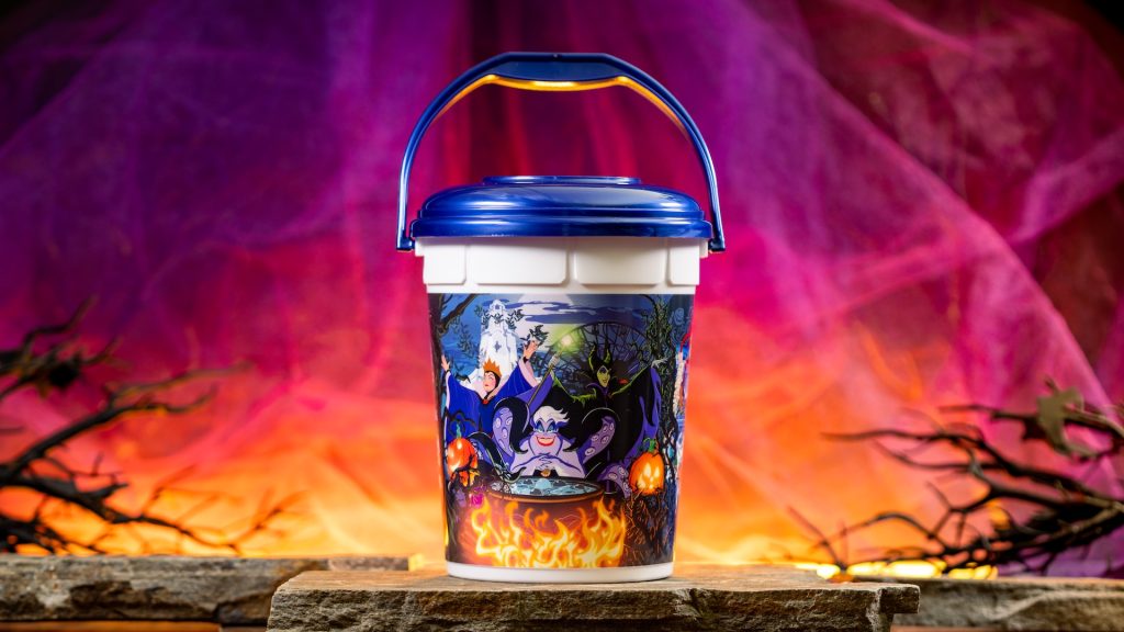 Official Disney photo of the 2026 Halloween popcorn bucket decorated with Disney villains