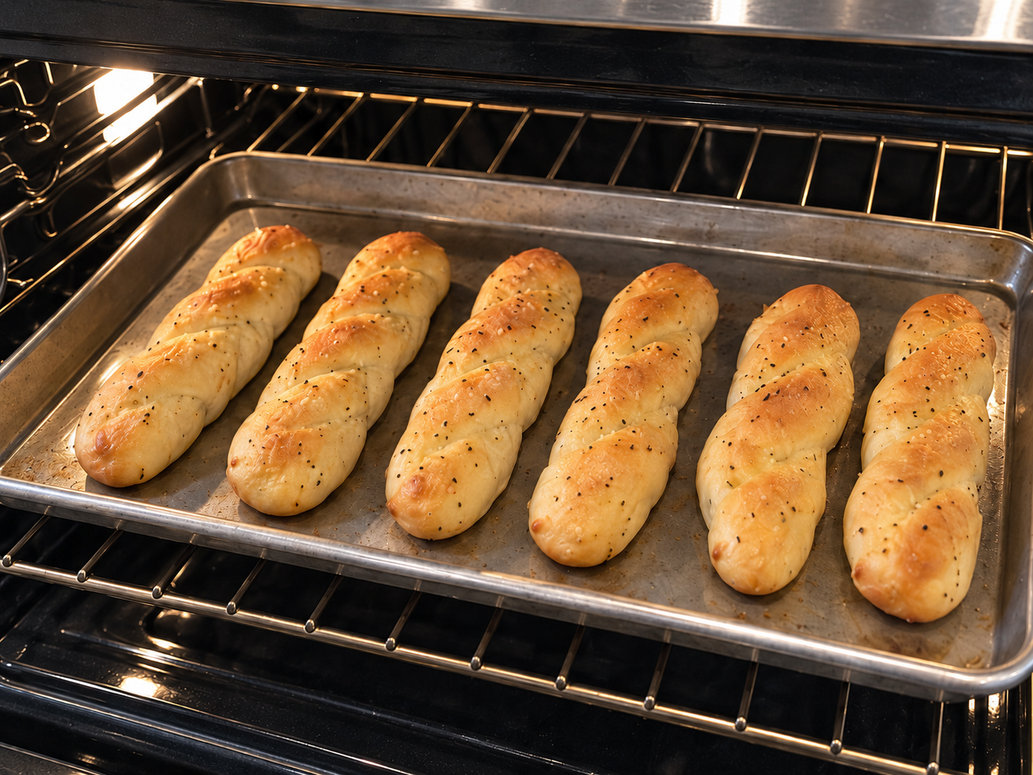 Six golden garlic breadsticks on a baking sheet in the oven