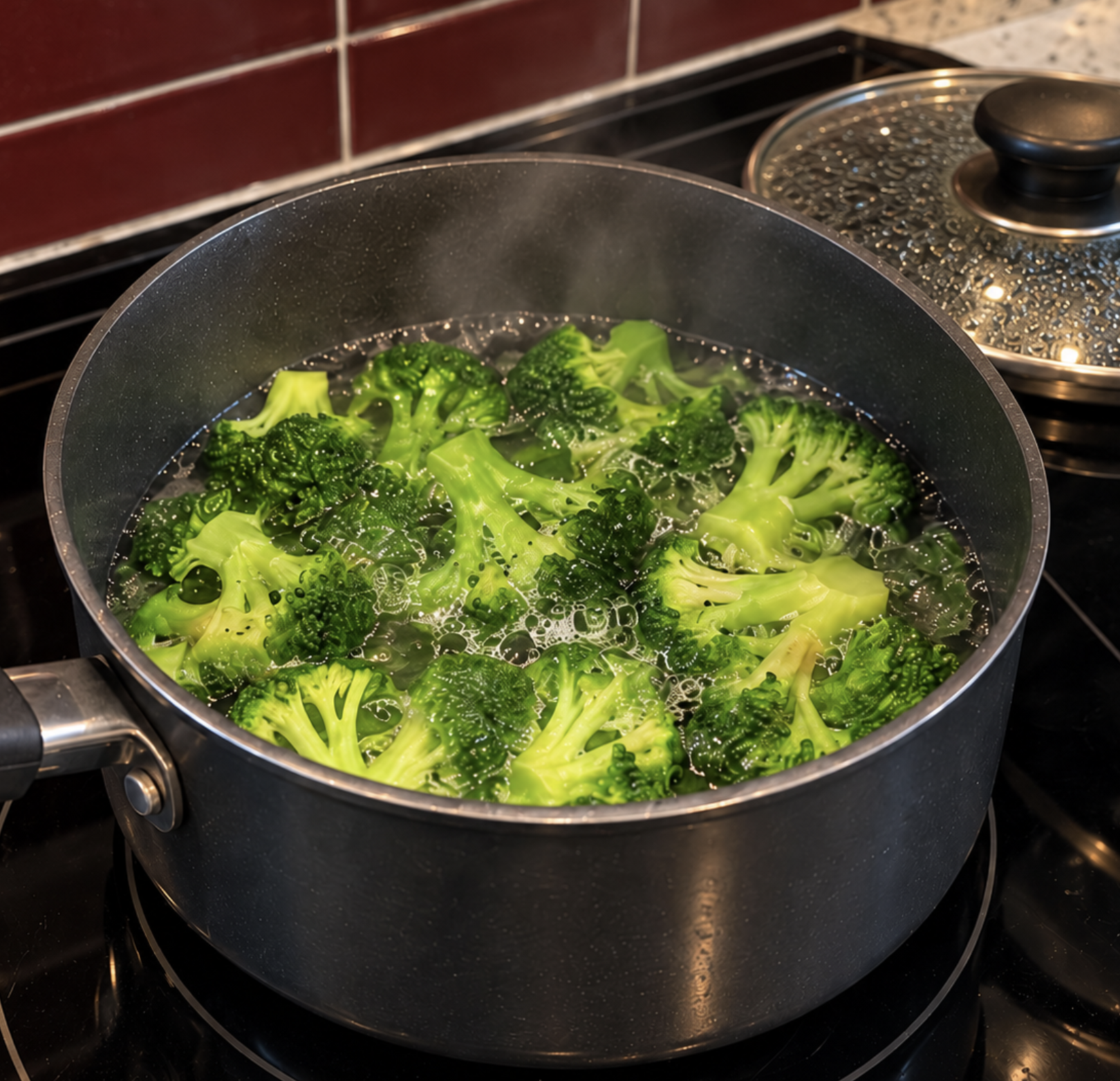 Broccoli florets cooking in a saucepan on an electric stove