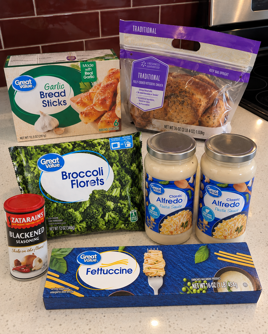 Walmart chicken broccoli Alfredo ingredients with optional Zatarain’s Blackened Seasoning