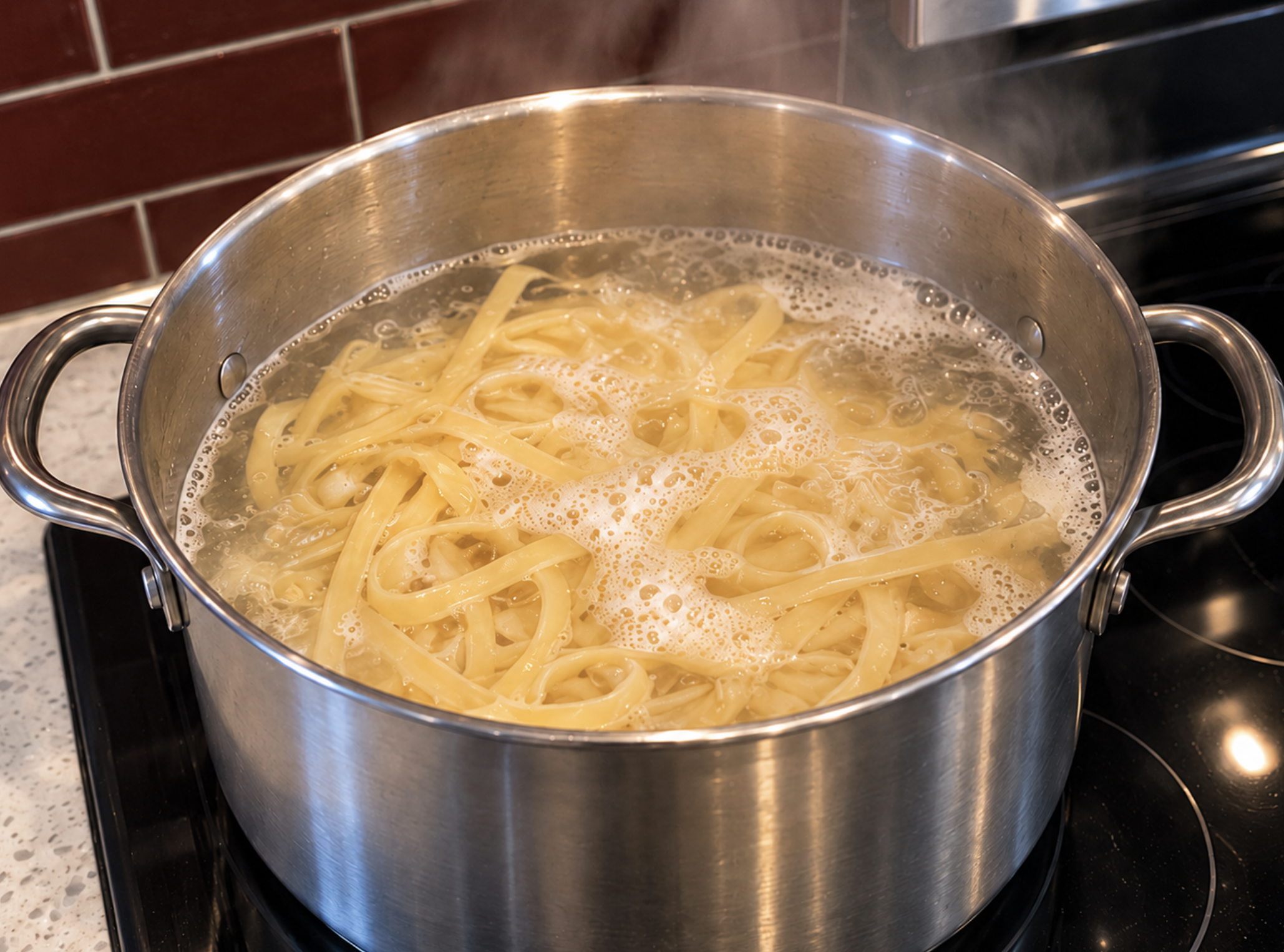 Fettuccine boiling in a large pot on an electric stove
