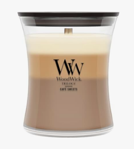 WoodWick Trilogy Café Sweets candle with three cream and brown wax layers