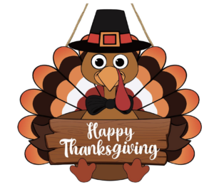 Turkey hanging sign wearing a pilgrim hat and holding a Happy Thanksgiving sign